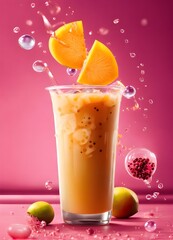vector, illustartion. Exotic Mango bubble tea, tapoica pearls. pink boba drink. tropical background. Capture dramatic splash. Creative Dynamic compotition vary angle. Macro Food photography, taken by 