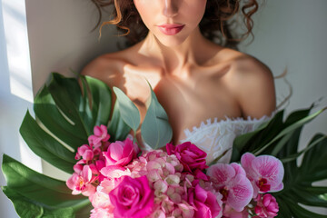 Naklejka premium Beautiful bouquet of pink roses, hydrangeas and tropical leaves in the hands of a bride in a wedding dress
