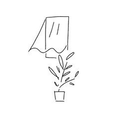 風になびくカーテンと窓際の観葉植物のシンプル線画イラスト