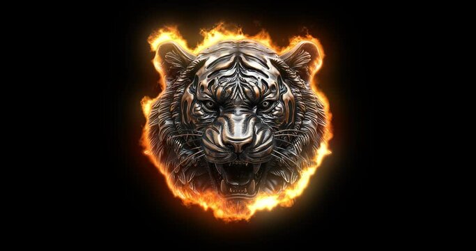 burning metal tiger head  on black background