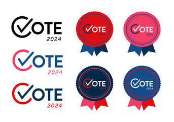 Vector set of vote democrat republican badge button banner pin. United States of America presidential election day 2024. Collection of American style, color, design. Donkey elephant political party.