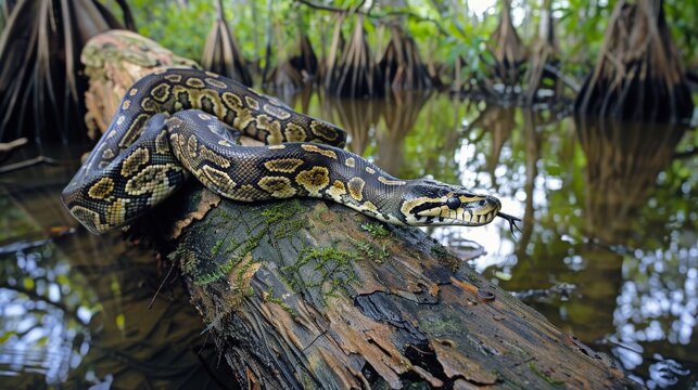 A Burmese python stretches along a tree trunk in a swamp, highlighting the natural habitat of this large snake.