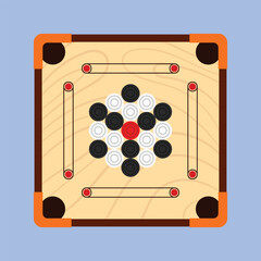 Wooden Carrom Board Game Vector Illustration Carrom game icon Indian carrom board game with pawn