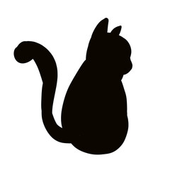 Black silhouette of a sitting cat with a fluffy tail illustration