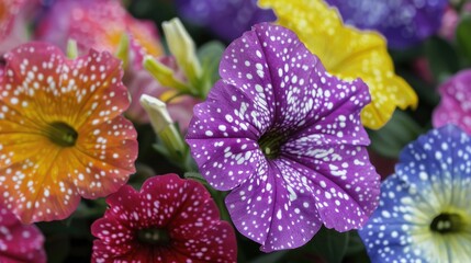 Close up of colorful Virgo constellation petunia flowers with white dots