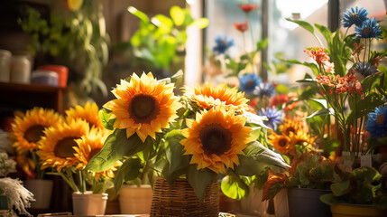 Beautiful sunflowers in pots indoors