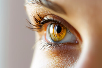 A woman's eye with long lashes and a yellow iris