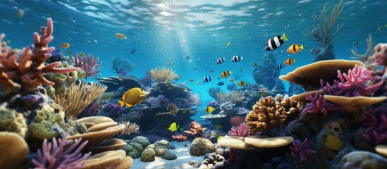 views of coral reefs and fish in the sea