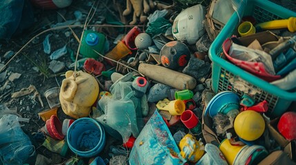 Children's toys among the garbage: Photo of children's toys lying among garbage and waste, symbolizing the threat to future generations due to environmental pollution.