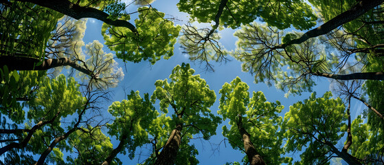 Ground-level perspective of a forest with trees showing crown shyness, their leaves barely touching, creating a natural mosaic in the sky