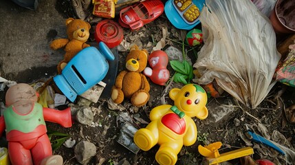 Children's toys among the garbage: Photo of children's toys lying among garbage and waste, symbolizing the threat to future generations due to environmental pollution.