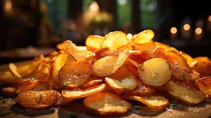 Potato Chips with a sprinkling of savory salty spices on a wooden table with a blurred background