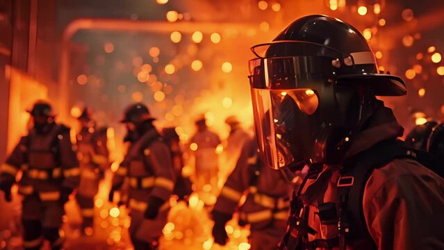 A group of firefighters practice rescuing victims from a burning building in a virtual reality training simulation.