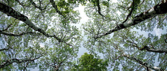 Fototapeta premium Ground-level perspective of a forest with trees showing crown shyness, their leaves barely touching, creating a natural mosaic in the sky