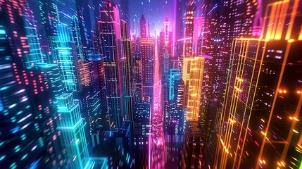 Obraz premium Abstract digital cityscape with skyscrapers and neon lights. A Vision of Urban Futurism Where Skyscrapers Pierce the Night Sky Bathed in Radiant Glow