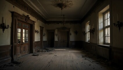The eerie atmosphere inside a big house rumored to be haunted by generations of restless spirits ai_generated