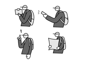 旅をする男性のアイコン風シンプルモノクロイラスト