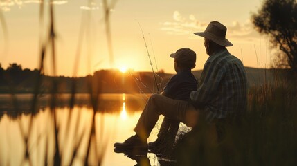 Elderly man teaching his grandson to fish at a quiet lake during sunset