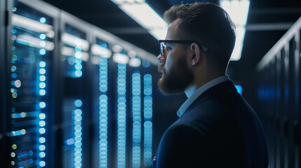 cyber security expert examining data center