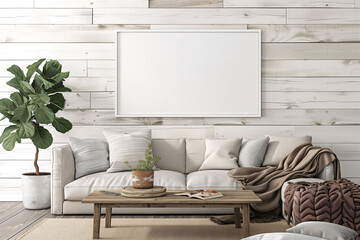Stylish and simple living room design with horizontal wall art mock up, home mock up, living room wall decor mock up, blank canvas mock up