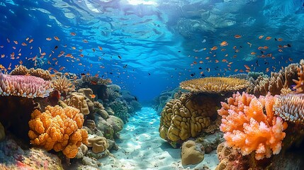 A mesmerizing underwater landscape with a sandy seabed leading up to a coral reef, where schools of fish swim in unison, creating a dazzling display. Dramatic Photo Style,