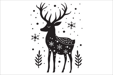 Christmas deer silhouette black vector art illustration. Raindeer silhouette vector.