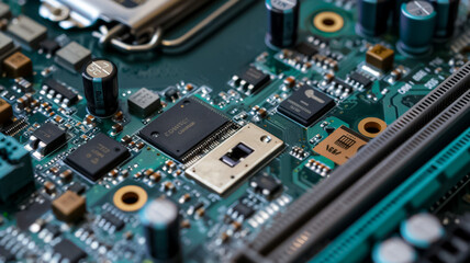 A close up of a computer chip board with many small components