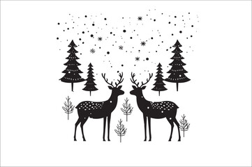 Christmas deer silhouette black vector art illustration. Raindeer silhouette vector.