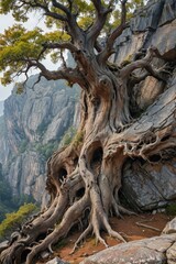 Obraz premium Ancient Tree Roots Growing on Rocky Cliff.