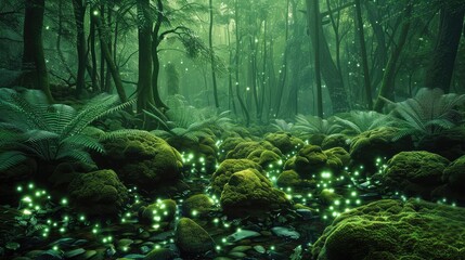 Mystic forest grove bathed in green twilight with moss-covered rocks and luminescent ferns.