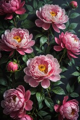 Obraz premium Pink Peonies with Green Leaves on Black Background.