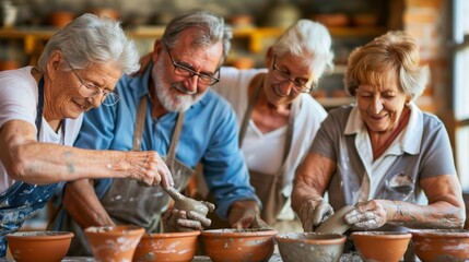 Group of elderly friends gathering for a pottery class, shaping clay together