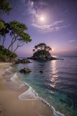 Obraz premium Moonlit Beach With Island Under Milky Way