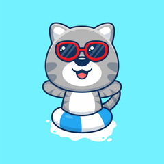 Vector cute cat in sunglasses floating with swimming. flat cartoon style