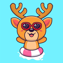 Vector cute deer in sunglasses floating with swimming. flat cartoon style