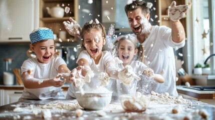 Playful parents and kids having a flour fight while baking in the kitchen