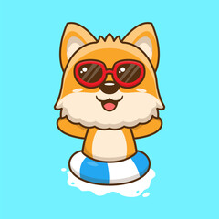Vector cute dog in sunglasses floating with swimming. flat cartoon style
