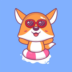 Vector cute fox in sunglasses floating with swimming. flat cartoon style