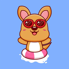 Vector cute kangaroo in sunglasses floating with swimming. flat cartoon style