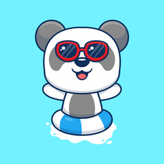 Vector cute panda in sunglasses floating with swimming. flat cartoon style