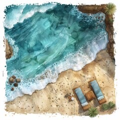 Fototapeta premium Aerial view of a luxurious relaxation mat, intricately woven with soft textures, set on a sandy beach with gentle waves in the background, watercolor technique