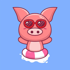 Vector cute pig in sunglasses floating with swimming. flat cartoon style