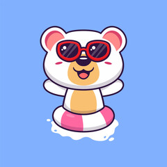 Vector cute polar bear in sunglasses floating with swimming. flat cartoon style