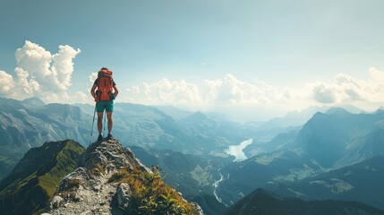 Obraz premium An adventurous backpacker standing on a mountain peak, overlooking a stunning valley, with a sense of achievement and freedom.