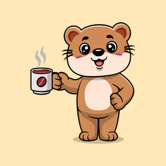 Cute otter drinking coffee cartoon icon illustration. Animal drink icon concept isolated flat cartoon style