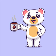Cute polar bear drinking coffee cartoon icon illustration. Animal drink icon concept isolated flat cartoon style