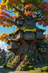 Fototapeta premium Enchanting Treehouse in a Lush Forest Setting.