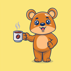 Cute teddy bear drinking coffee cartoon icon illustration. Animal drink icon concept isolated flat cartoon style