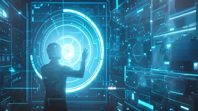 A person using hand gestures and body language while practicing their speech in front of the holographic audience.