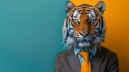 Creative concept of a tiger head on a human body in a suit with a bold, two-tone background. Ideal for unique and modern design themes.